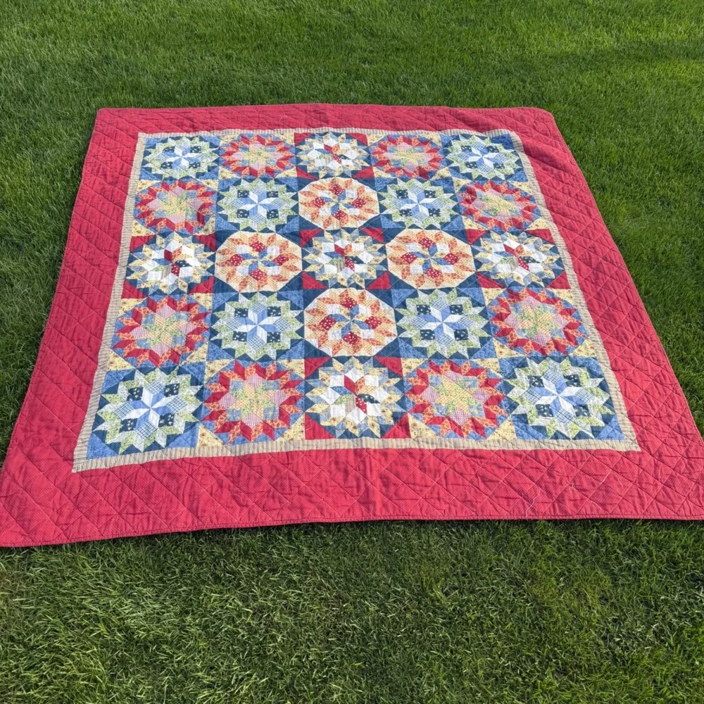 Handmade Patchwork Star Quilt Red Blue Yellow Floral Geometric 84x84 Americana